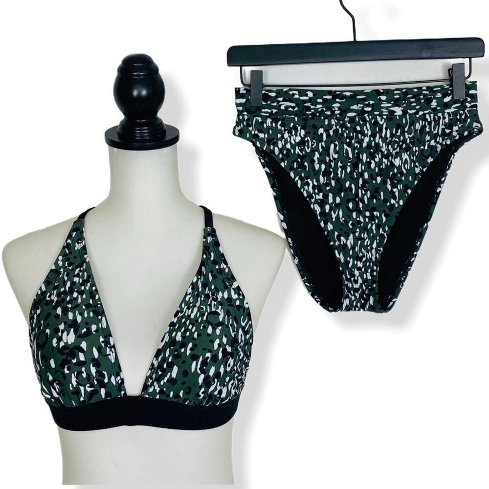 Shade & Shore Animal Print Bikini Set Medium Olive Green High Waist